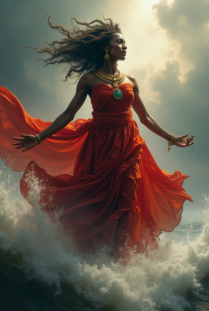 African goddess Iansã with red robe colors, flying inside a hurricane , in a Goddess pose