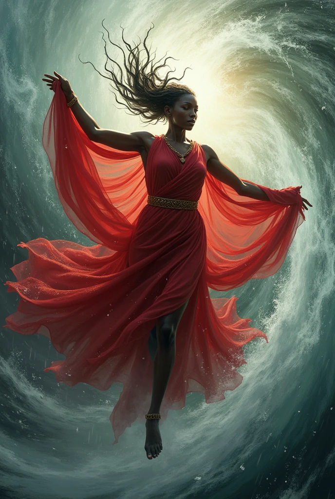 African goddess Iansã with red robe colors, flying inside a hurricane , in a Goddess pose
