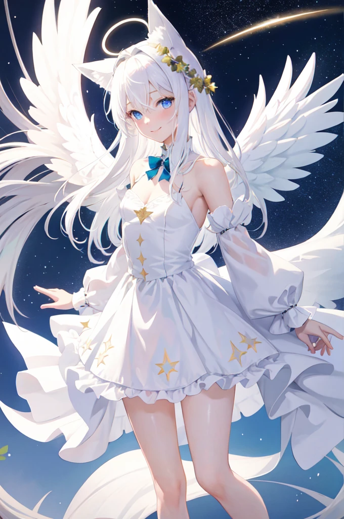 masterpiece, best quality, 1girl, white hair, angel, sexy strong, little smile, blue eyes, diadem, angel wings, white short dress, full body, arms holding angel rod, starry sky, halo, post-apocalypse, fox ears, green clover background 