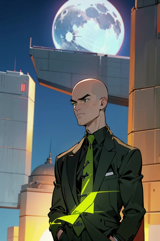 1 man, solo, upper body shot, Lex Luthor, middle-aged man, bald head, square jawline, lean muscle, broad shoulder, emotionless face, bald head, no hair, wearing a black suit, bright green tie, black dresshirt, city in the background, dusk, view from behind the back, side face, turn head, green eyes, moon light, arms in pockets