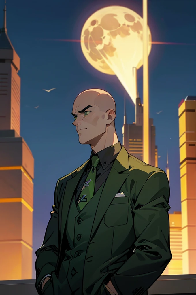 1 man, solo, upper body shot, Lex Luthor, middle-aged man, bald head, square jawline, lean muscle, broad shoulder, emotionless face, bald head, no hair, wearing a black suit, bright green tie, black dresshirt, city in the background, dusk, view from behind the back, side face, turn head, green eyes, moon light, arms in pockets