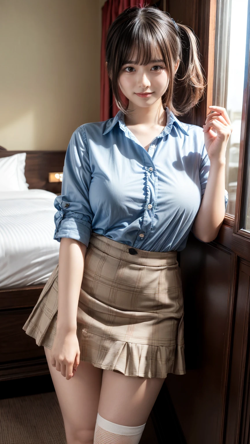 masterpiece, best quality, illustration, Super detailed, fine details, High resolution, 8K,wall paper, perfect dynamic composition,(Details High quality, realistic depiction of eyes:1.3), short hair, (wavy hair:1.2), (Ruffled shirt、)(Checked mini skirt、red、black、), pony tail hair, huge breasts, black hair color, Big Natural Color Lip, bold sexy pose, crying a little、little smile, Harajuku style、20 year old girl、cute type、lolita、beautiful legs, hotel room, full body photo、focus on crotch, hposing Gravure Idol, Sexy shot looking at camera, Sunset, by the window, Summer, knee sox, make up, Curve