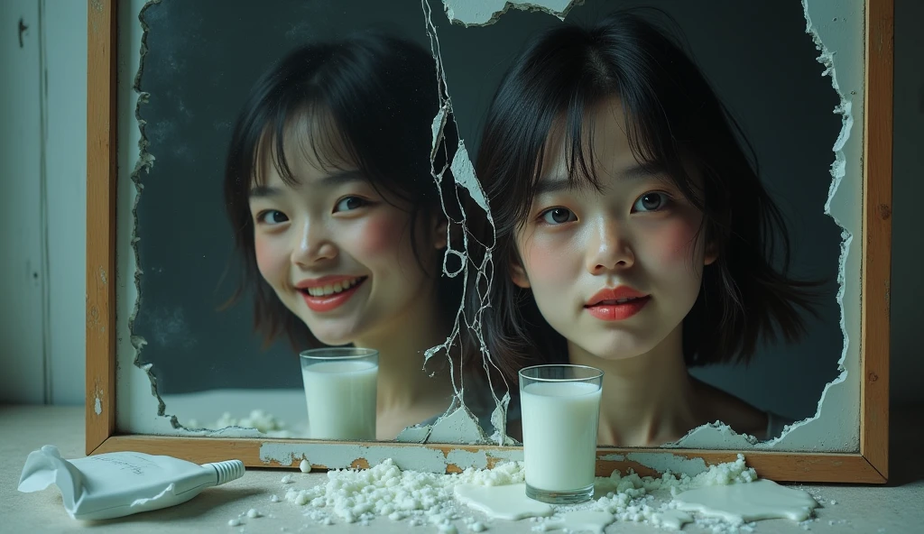 A broken mirror with two different reflections of the same young woman. One of the reflections is smiling, while the other shows a terrified expression. A glass of milk breaks the balance between the two images.