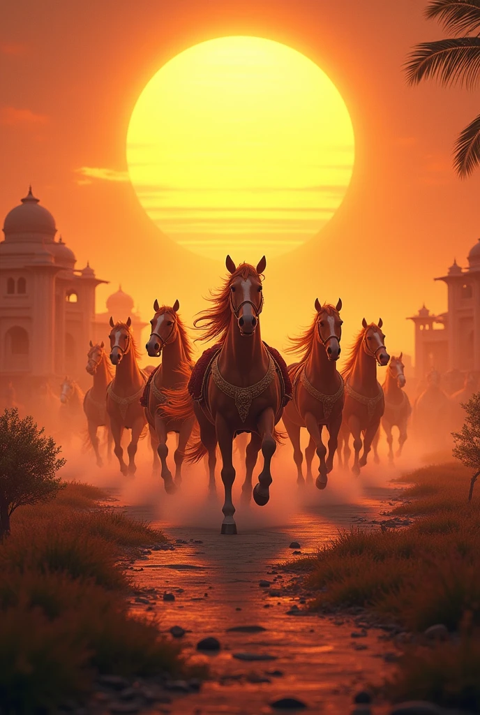 Background sun and front 7 ashwamedha and adventure