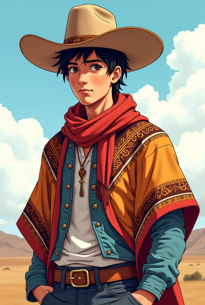 Anime-style, young gaucho, 30 years old, trigueño, wearing a Gaucho hat and a modernized Argentine poncho with guarda pampa patterns. Vectorized style, colorized, no fill, no shadows. Detailed line art, clean lines, high resolution, consistent character design.