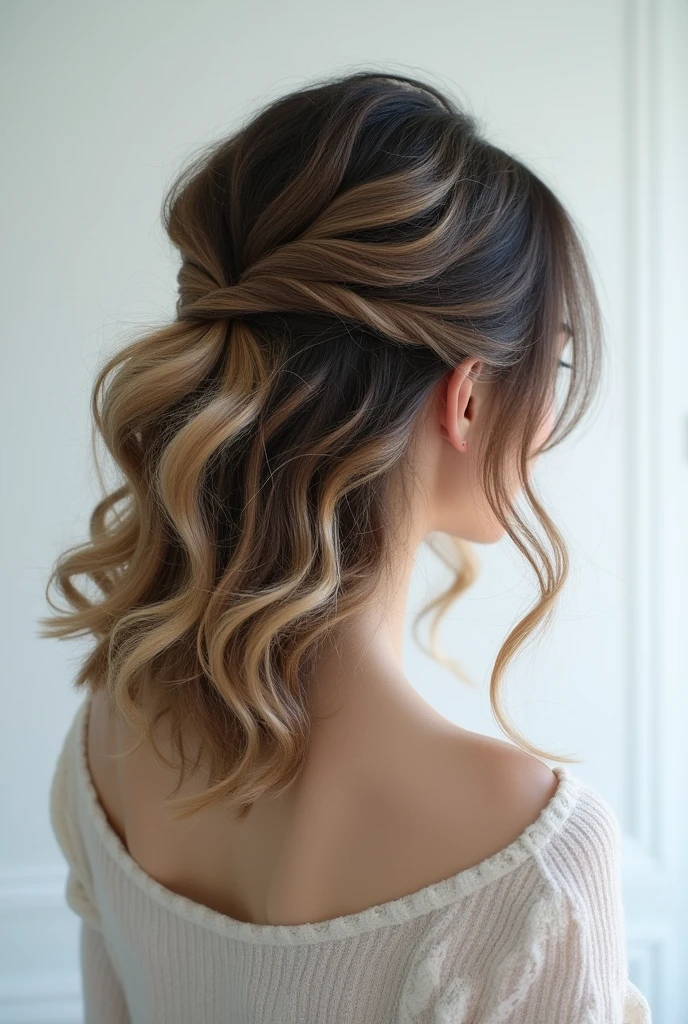 Hairstyle seen from behind、White wall background、Medium Hairstyles、Curly Hair Style、Smooth hair texture、Outward curled hair、Top fluffy hair、Light tips、Hairstyles with movement、Japanese women、White T-shirt、Hair style with tiers、Hairstyles without curls、Gentle curve hairstyle、Diamond Hairstyle