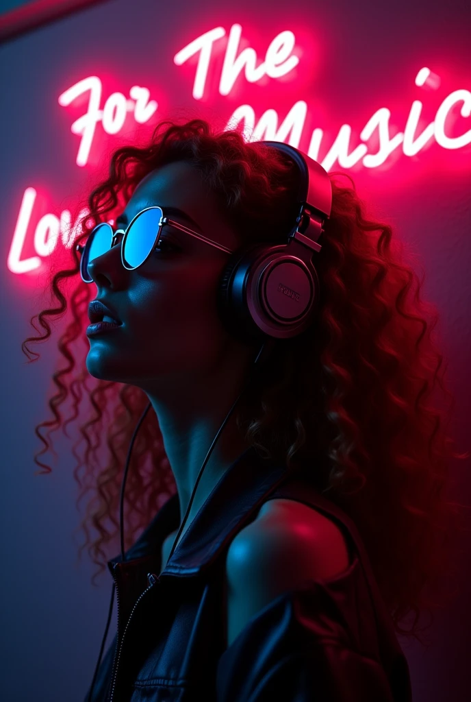 Brown hair . beautiful woman with curly hair Volume and sunglasses in headphones - earphone surrounding dark room neon cyberpunk at night coordinator neon glow,In the room the sign glows and shimmers in neon light" For The Love of Music" realistic style, Beautiful colors, Living picture, masterpiece, detailing