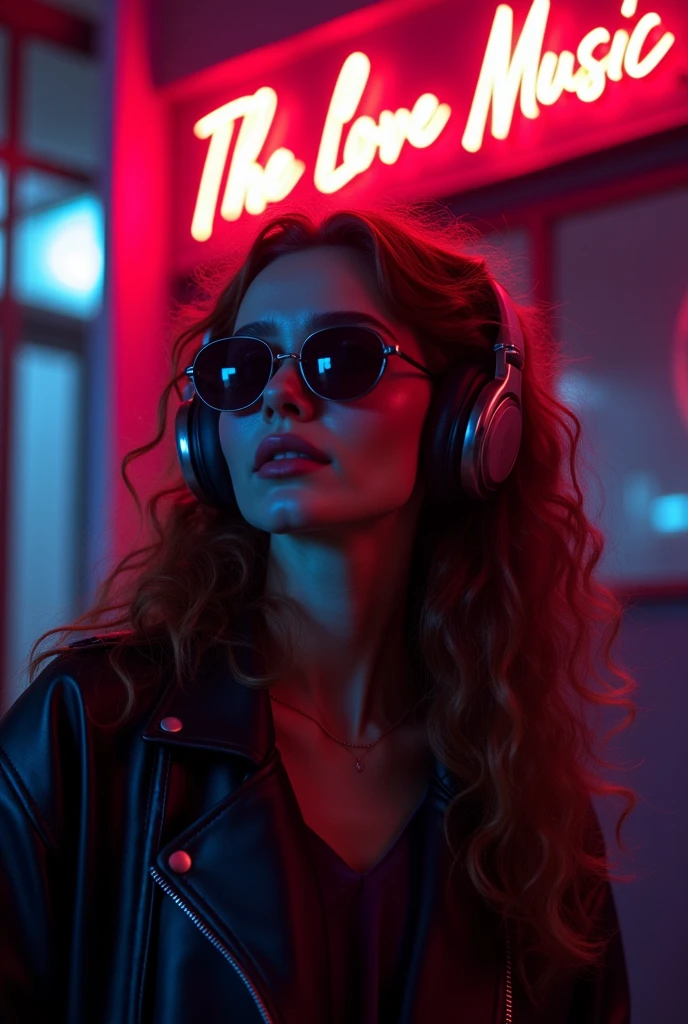 Brown hair . beautiful woman with curly hair Volume and sunglasses in headphones - earphone surrounding dark room neon cyberpunk at night coordinator neon glow,In the room the sign glows and shimmers in neon light" For The Love of Music" realistic  style, Beautiful colors, Living picture, masterpiece, detailing