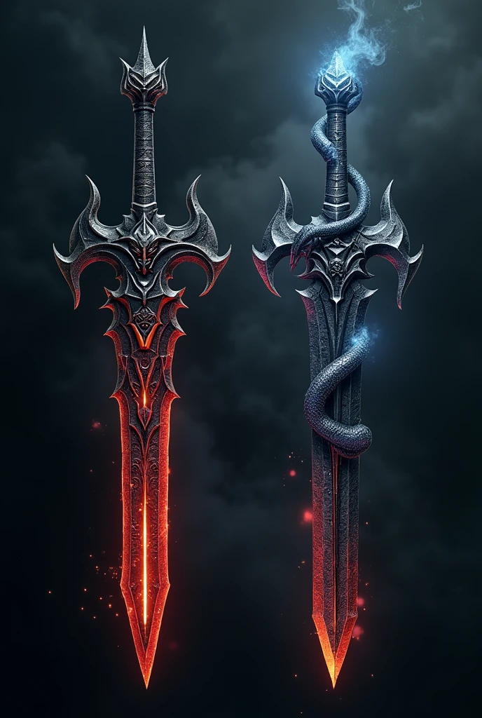 Two swords, one made of black metal with a gargoyle hilt and corrupted blade, and the other made of steel with a serpent hilt exuding darkness.