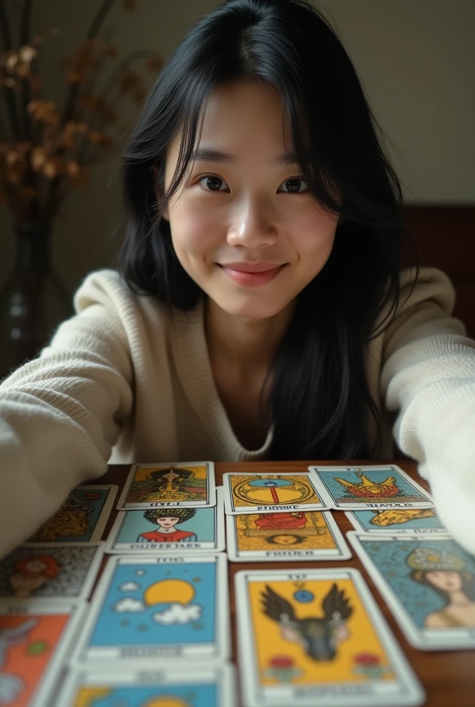 Tarot cards on the table。A fair-skinned young Japanese woman taking a selfie with tarot cards in front of her。Selfie style。Smiling。