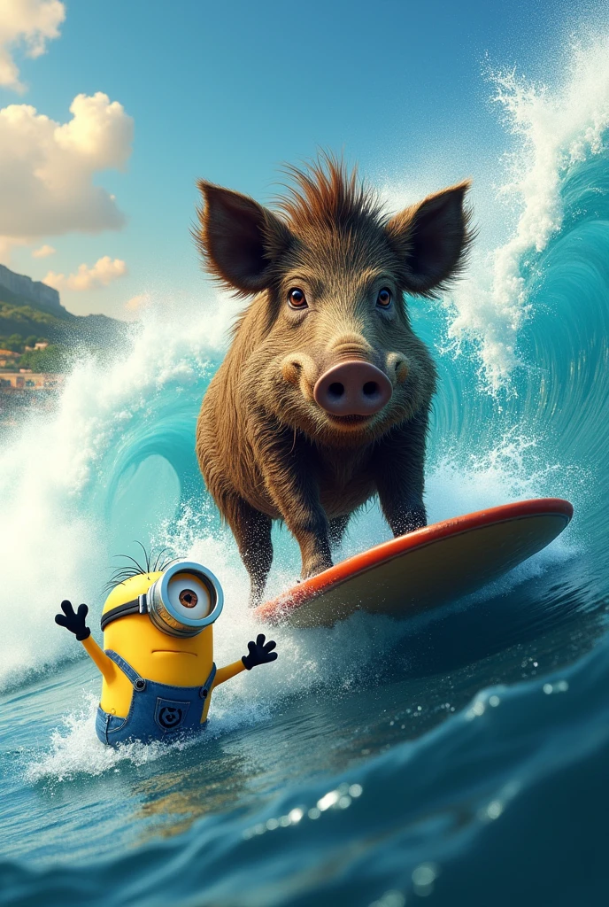 A wild boar surfing a wave on a real cardboard surfboard but with a minion in the foreground right in front of the image swimming and waving hello.