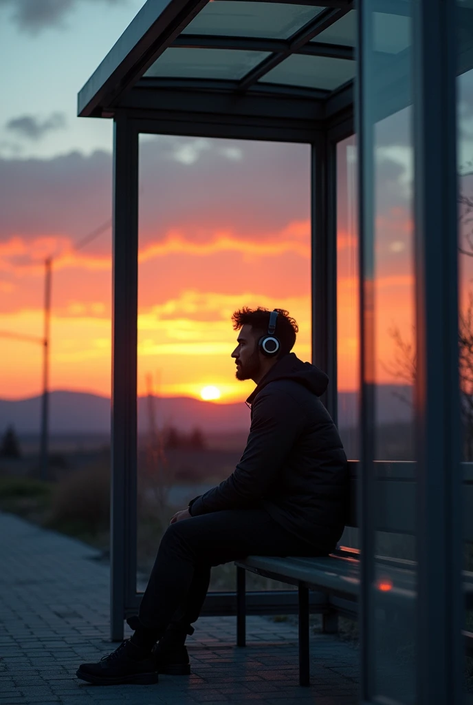 A man with headphones sitting on a glass bus stop at sunset with a wide view