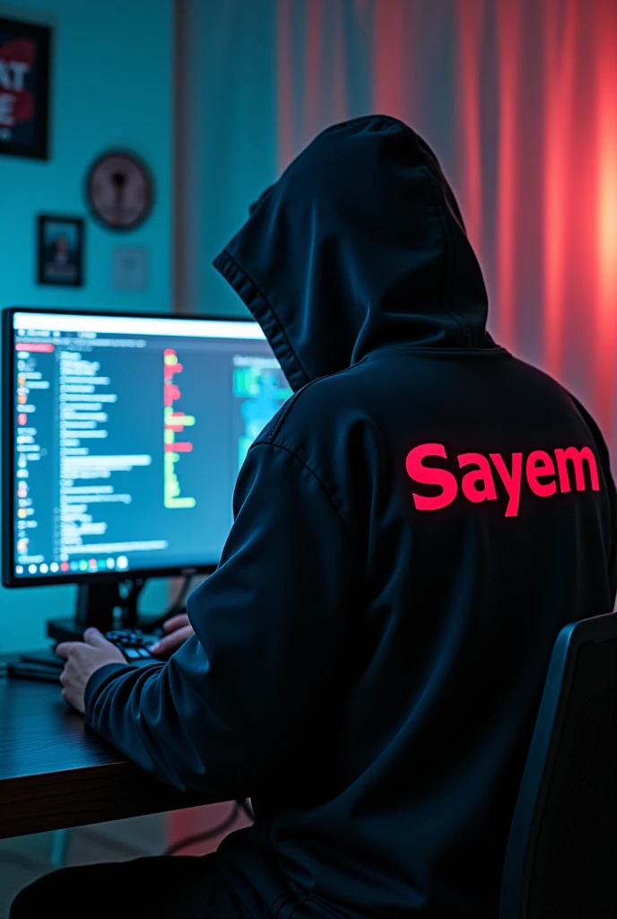 A reading hacking on pc wirh a remote controler in a room and the hacker wear a jacket in jacket his name was showed and it was Sayem