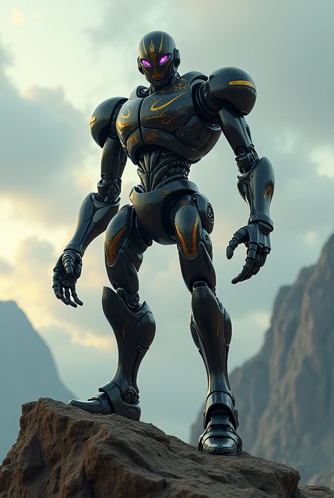 Gamma fused with rt-55j ,the day, mechanoloid with black and gold details, violet eyes, robot eggman, robot de megaman x, thin arms, armor redondeada, energy, scratched_armor, Aura, you think instead of hands, dramatic metallic boots, cliff, looking at the viewer, expressionless robotic face, detailed eyes, Badass, Best Quality,High resolution,ultra detailed,realist:1.37,professional,dynamic,sequence of images of something or something
