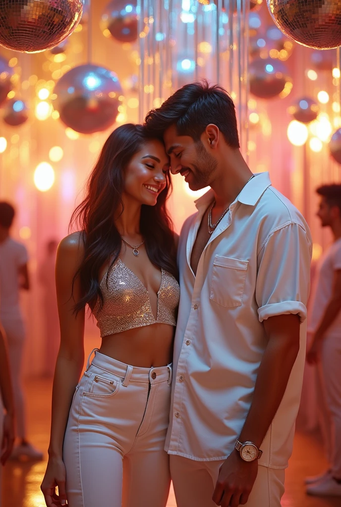 Woman and man in white casual clothes enjoying a shiny gold and silver disco party
