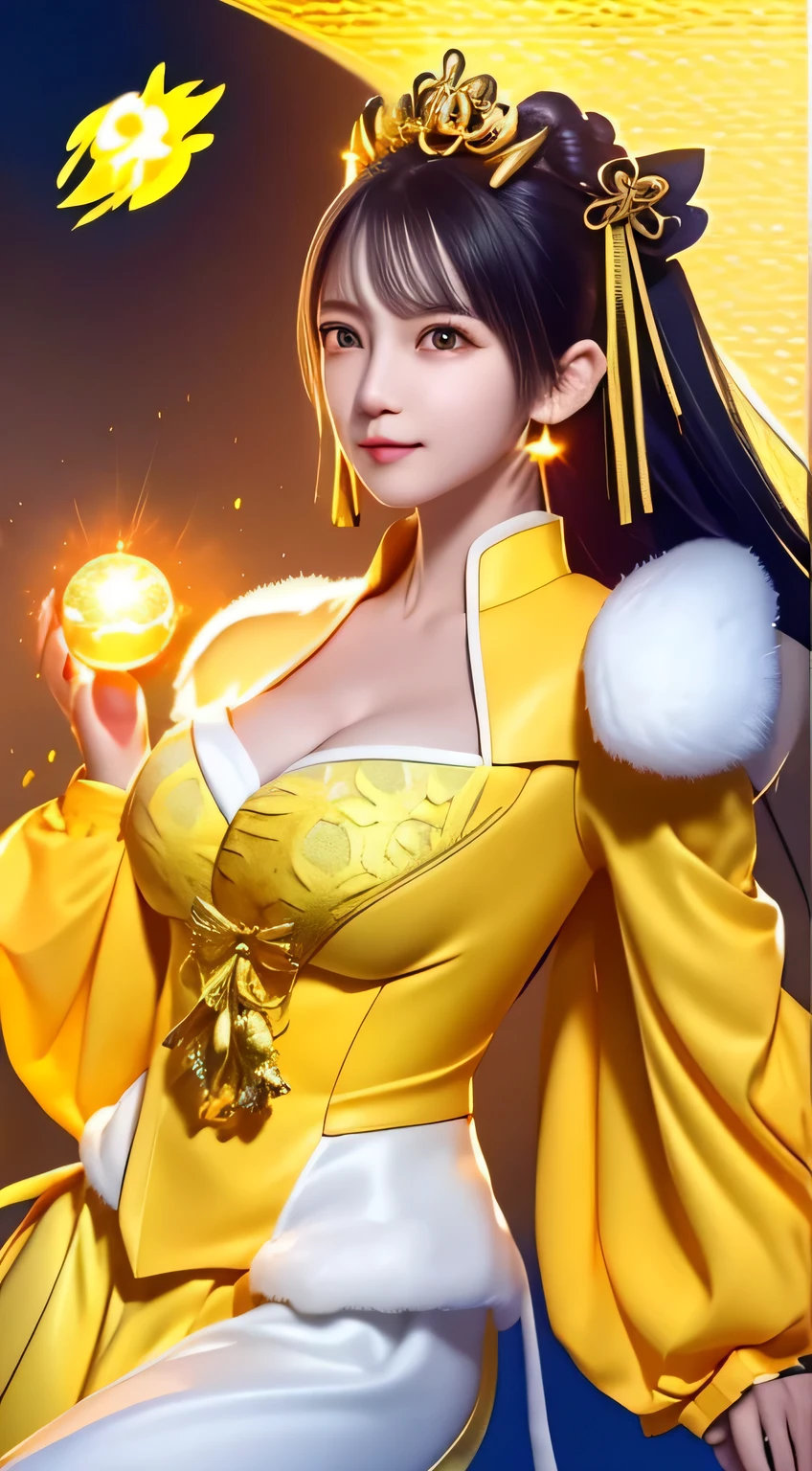 Yellow Nine Tailed Dragon Girl, (Bright yellow hair), ((Big Hair)), double eyelid, Perfect figure, Nice face, Perfect Skin, black eye, spirit princess, The Yellow Era、are shining on the distant planet Spica.、Yellow and white rays、A beautiful comet flies by、