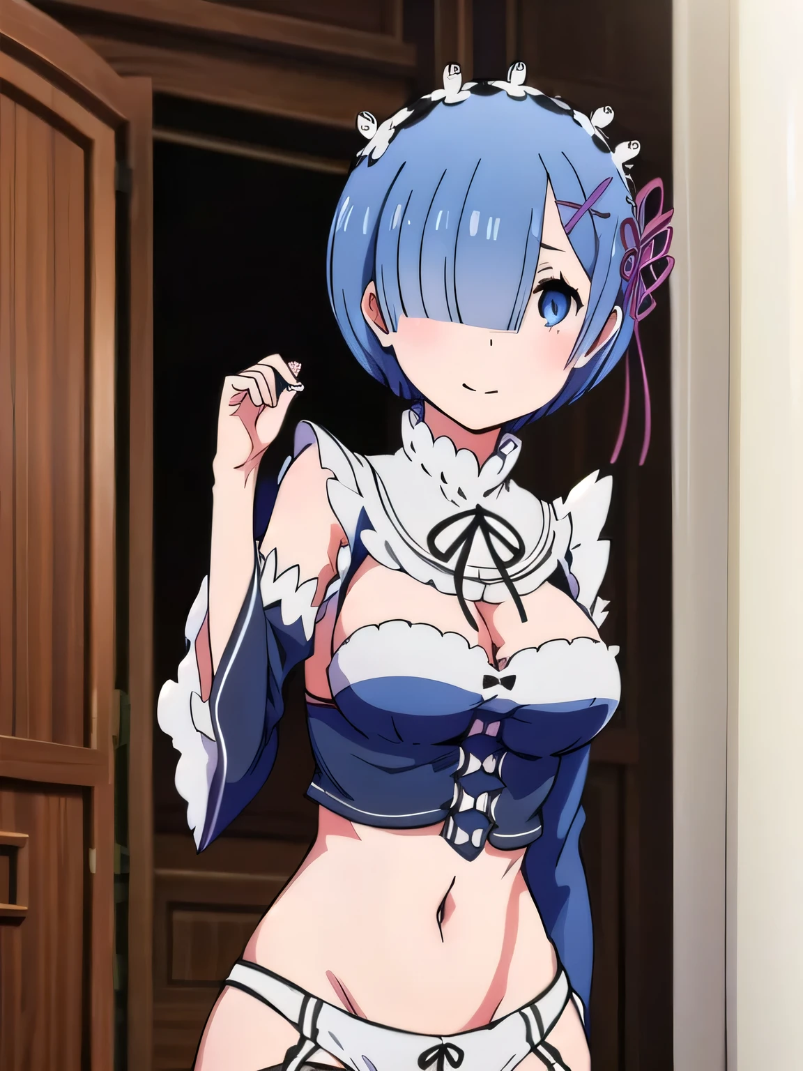 all realistic intricate details, masterpiece, best quality, highres, rem1, 1girl, solo, rem \(re:zero\), blue hair, short hair, red eyes, hair over one eye, ribbon trim, hair ribbon, x hair ornament, frills, crop top white, denim shorts,medium breasts, cleavage, sedection pose , hair flower, outdoor, standing, smile, perfect background, perfect light, front angle.