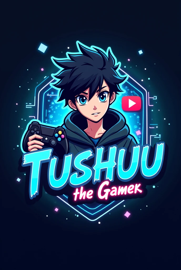 This is a gaming logo that features the name “Tushuu The Gamer” in a futuristic font and a neon blue color. and Boy Anime avtar, The logo also has a stylized controller icon and a YouTube play button in the background. The logo is designed to be attractive and eye-catching, and to appeal to gaming enthusiasts and YouTube viewers. I hope you like it.