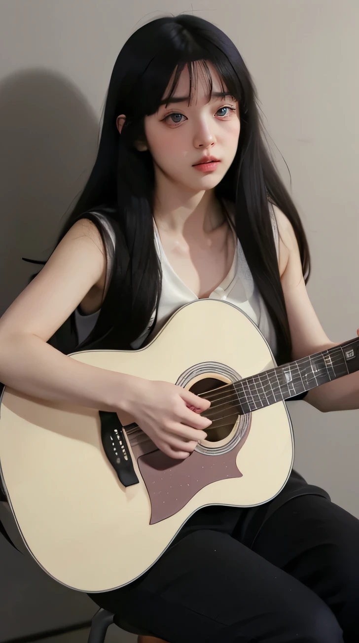 ((best quality, 8 thousand, masterpiece: 1.3)), (20 year old woman), (glowing skin:1.3), very detailed 얼굴과 피부 질감, detailed eyes, double eyelid, realistic, Highly Detailed CG Integrated 8 thousand Dendenden Wallpapers, Detail, High quality RAW color photos, professional photography, (8 thousand, RAW photos, best quality:1.2), (glowing skin:1.3), (Very large sagging breasts:1.2), (detailed face:1.2), nfsw, very detailed, (detailed skin: 1.2), (best quality: 1.0), (ultra high resolution: 1.0 ), (((best quality, 8 thousand, masterpiece:1.4)), (concrete background), (Beautiful underwear:1.2), (sit on a very small chair), (A beautiful woman sitting on a chair wearing underwear and playing the guitar:1.5), (play the guitar), ((acoustic guitar)),