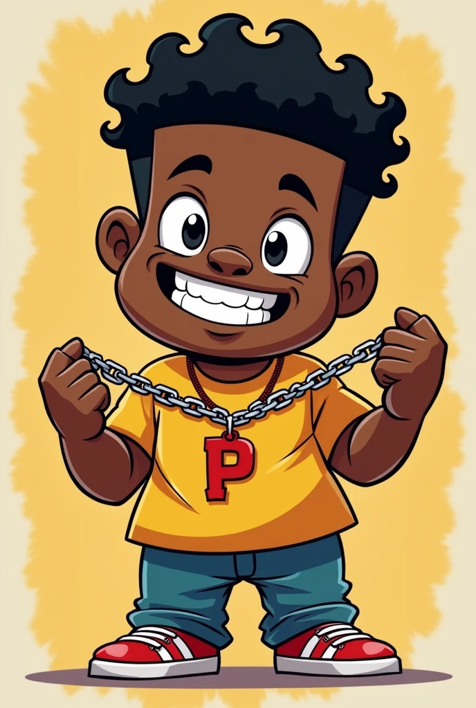 art 2d cartoon mini black man showing his chain with the P pendant to the camera, with the fisheye effect