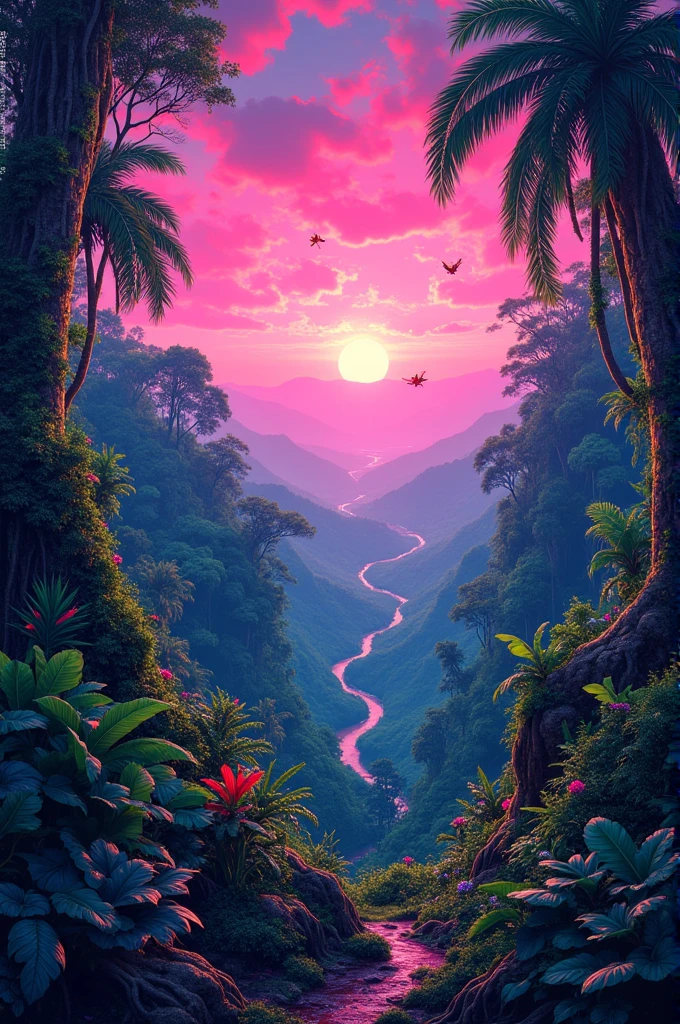 Create an image of the Amazon with emphasis on the ground Add a sky in neon pink