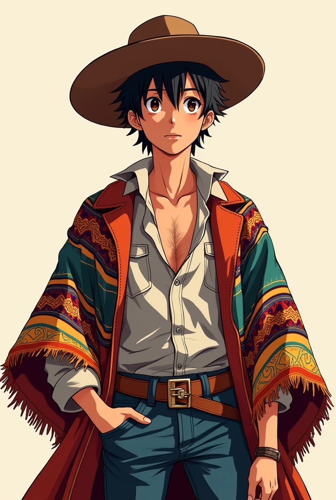 Anime-style, young gaucho, 30 years old, trigueño, wearing a Gaucho beret and a modernized Argentine poncho with guarda pampa patterns. Vectorized style, colorized, no fill, no shadows. Detailed line art, clean lines, high resolution, consistent character design.