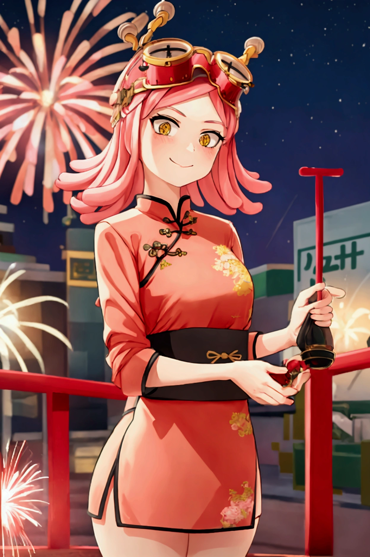 First buds and(mother), One solo,Pink Hair,short hair,Put goggles on your head, Chinese clothing,bangs,Symbol-shaped pupil, Yellow Eyes, Happy, View your viewers, Outdoor,firework,at night,festival, Depth of written boundary, fair, Perfect Face, Curvy, High resolution, Leg cutouts,Cowboy Shot,