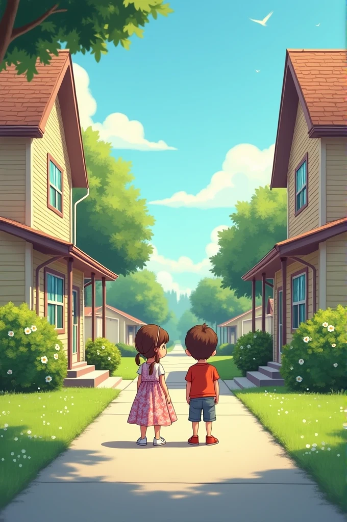 --
**Image Description:**
in a condominium, there are two houses opposite each other, separated by a road. The houses are identical, with small, well-kept gardens. In front of one of the houses, there is a young boy, wearing a casual shirt and jeans. he's standing still, looking straight at the house across the street with an expression of curiosity. In front of the opposite house, there is a young girl, with a colorful dress and loose hair. She is also looking directly at the boy's house with an interested look.. Both have an expression reminiscent of cartoon style., with big and expressive eyes, and their gazes are firmly focused on each other. The road between the houses is quiet, with some trees and flowers around.