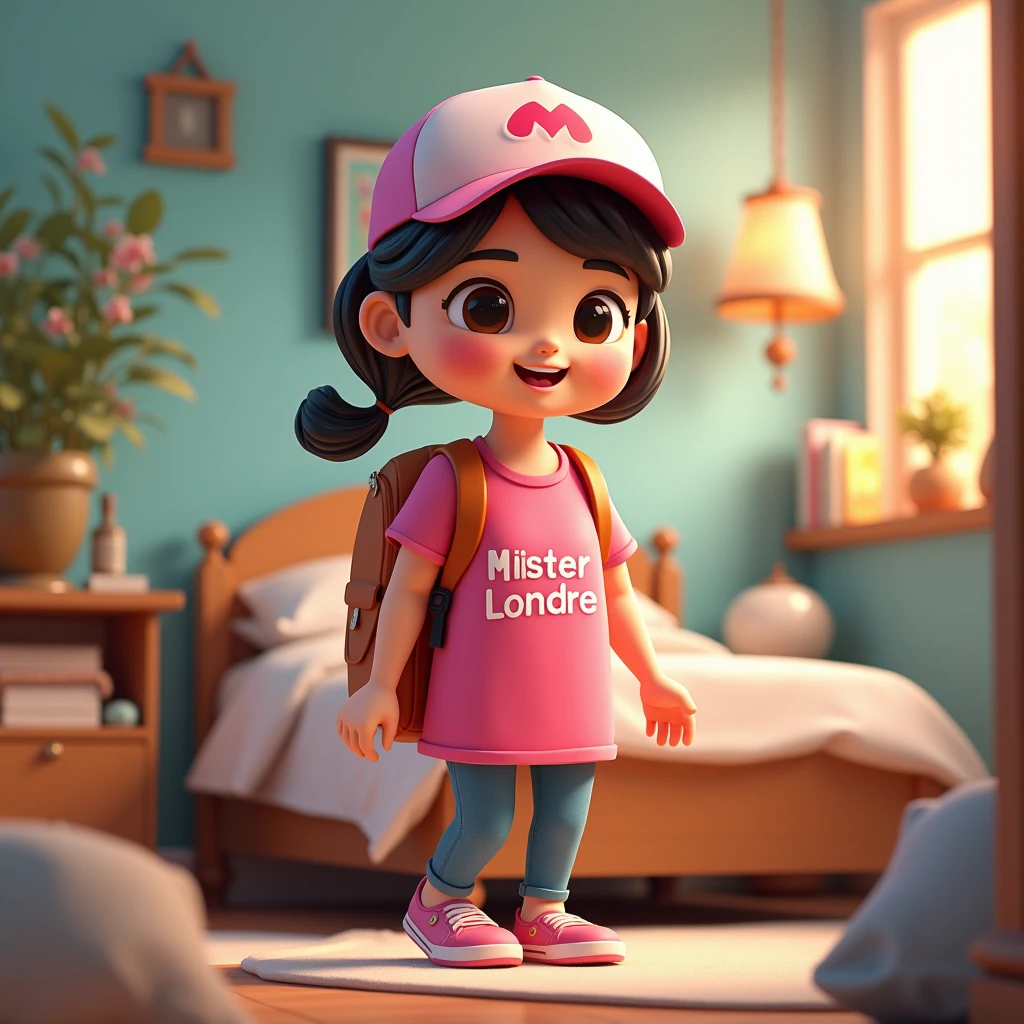 3D cartoon, HD, a Chinese woman as a laundry courier, wearing a pink shirt with text logo MISTER LONDRE no image just text, carrying a BACKPACK, the title says CUCI TAS , background in bedroom, long shoot , no box in hand