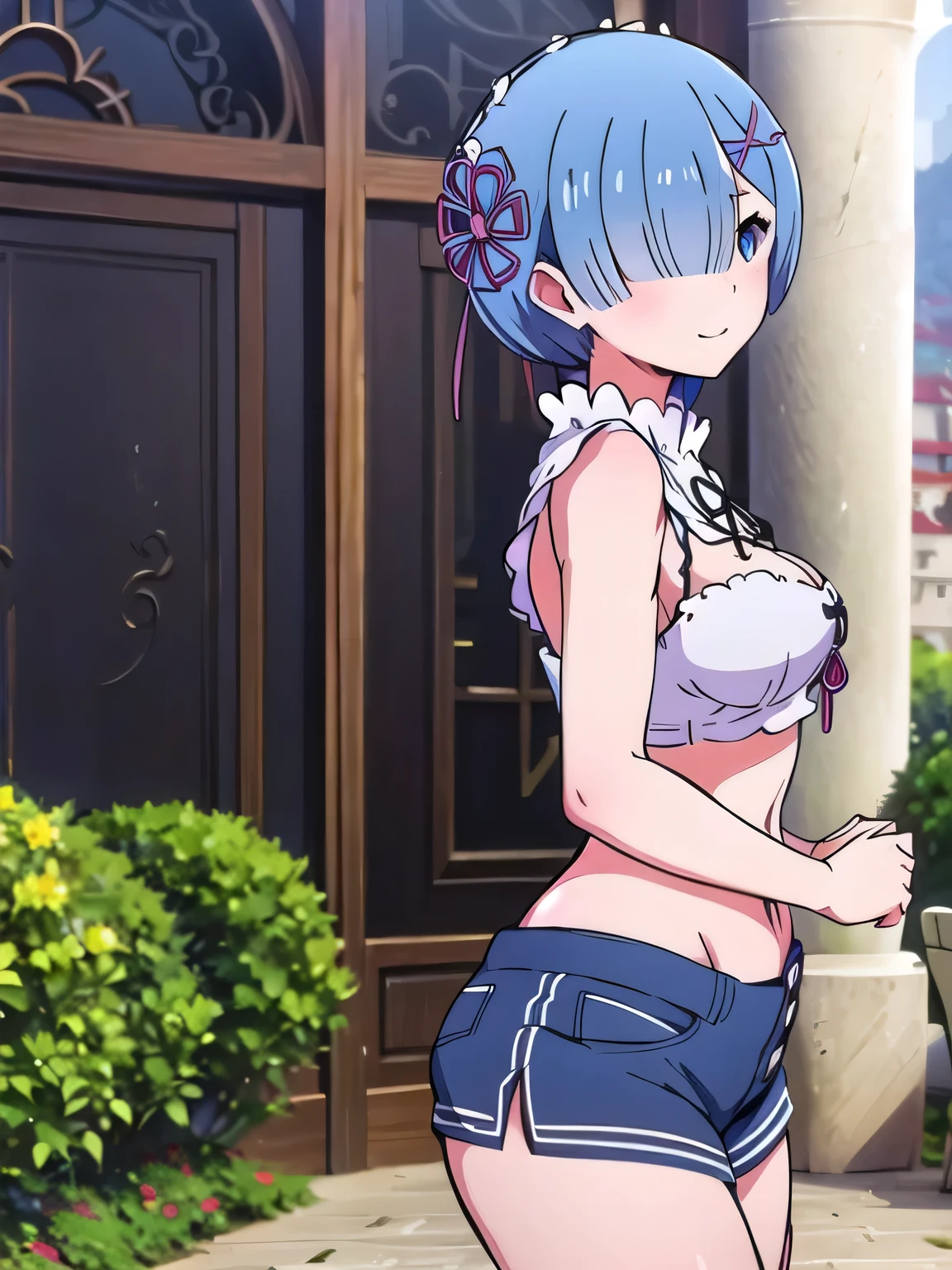 all realistic intricate details, masterpiece, best quality, highres, rem1, 1girl, solo, rem \(re:zero\), blue hair, short hair, red eyes, hair over one eye, ribbon trim, hair ribbon, x hair ornament, frills, crop top white, denim shorts,medium breasts, cleavage, sedection pose , hair flower, outdoor, standing, smile, perfect background, perfect light, front angle.