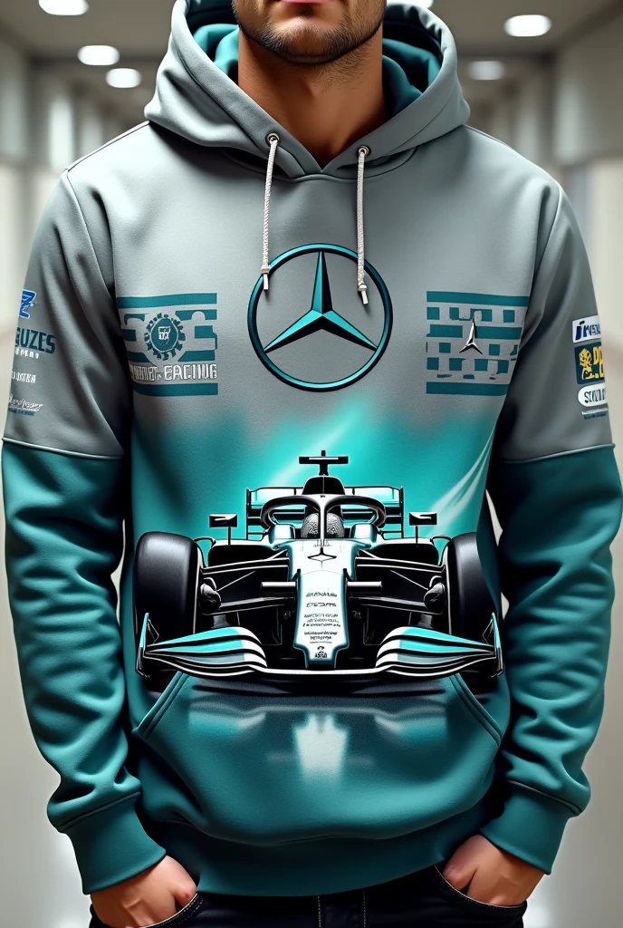 Design a Formula 1 themed sweatshirt with the Mercedes colors and brand