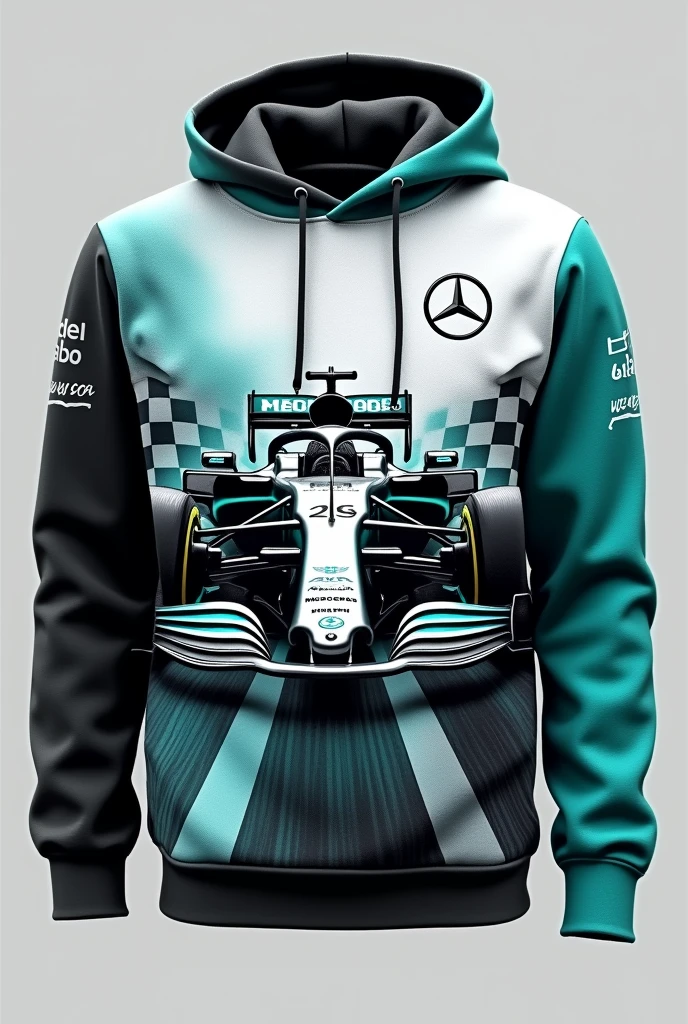 Design a Formula 1 themed sweatshirt with the Mercedes colors and brand 