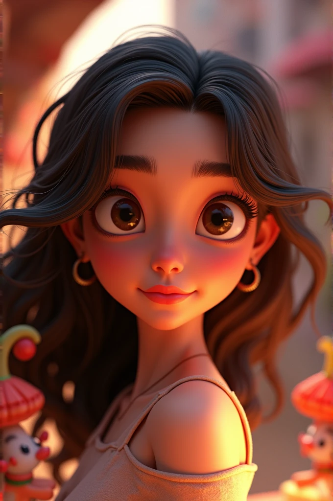 Create Disney Pixar style 3D poster capturing a woman&#39;s scene, flattering hair with dark brown eyes and hair 