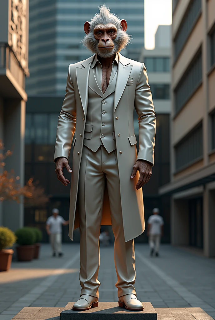 Monkey King Sculpture,Sun Wukong wears a suit,Handsome,Model figure,Personification,Three View,Full body picture,Modern urban background,high resolution,Natural light,Wide-angle lens,Rich in details,Contrast between warm and cool tones,Confident smile。