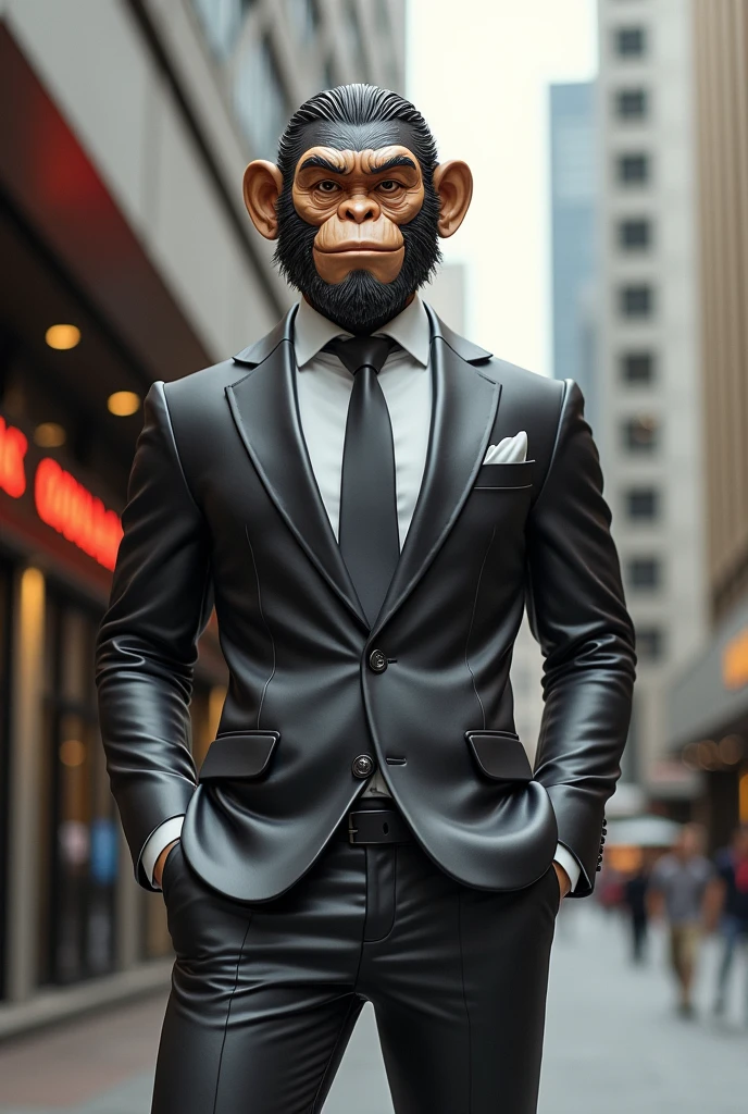 Monkey King Sculpture，Sun Wukong wears a suit，Handsome，Model figure，Personification，Three View，Full body picture，Modern urban background，high resolution，Natural light，Wide-angle lens，Rich in details，Contrast between warm and cool tones，Confident smile。
