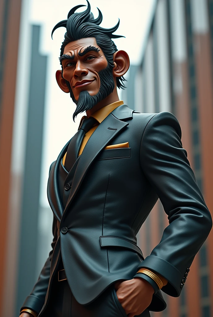 Monkey King Sculpture，Sun Wukong wears a suit，Handsome，Model figure，Personification，Three View，Full body picture，Modern urban background，high resolution，Natural light，Wide-angle lens，Rich in details，Contrast between warm and cool tones，Confident smile。
