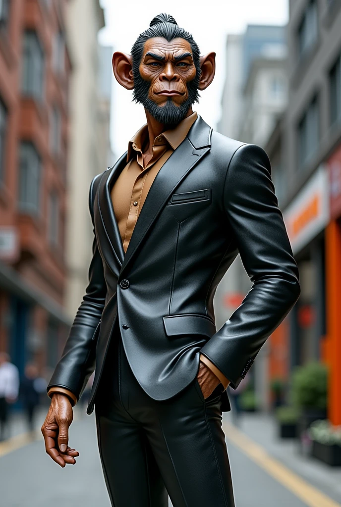 Monkey King Sculpture,Sun Wukong wears a suit,Handsome,Model figure,Personification,Three View,Full body picture,Modern urban background,high resolution,Natural light,Wide-angle lens,Rich in details,Contrast between warm and cool tones,Confident smile。