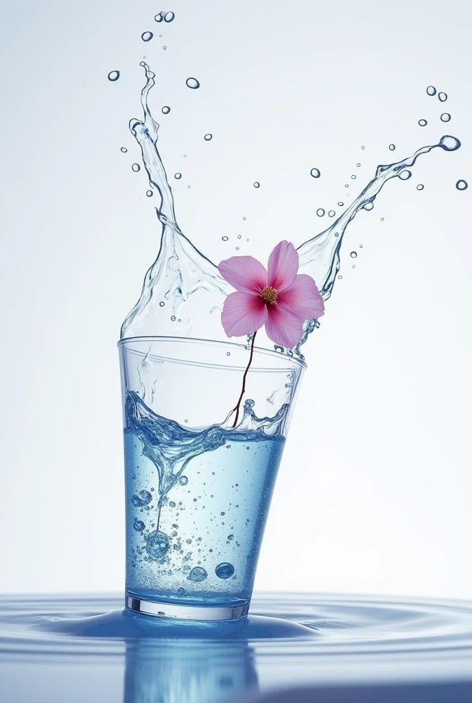 A glass of water falling and spilling with a sakura flower