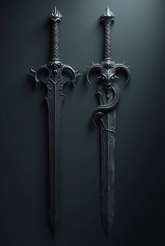 Two long swords, one made of black metal with a gargoyle hilt and corrupted blade, and the other made of steel with a serpent hilt exuding darkness.