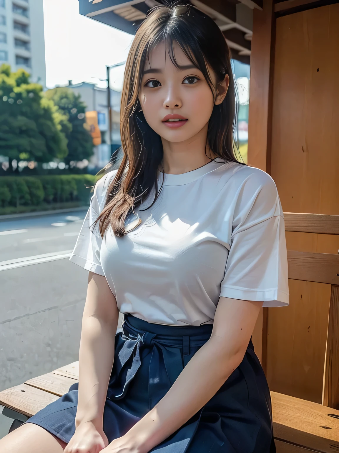 (high quality), (Realistic photos)、1male、1woman、((No audience:1.5))、((Outdoor:1.5))、((Park bench:1.ung Japanese couple arguing face to face:1.4))、((Angry Japanese woman and a Japanese male trying to talk to her:1.4)) 、((White short sleeveTWoman wearing a shirt:1.4))、((whiteTMan in a shirt:1.4))、((A woman glares at a man:1.7))、((A woman wearing a denim skirt that accentuates her thighs:1.4))、((White short sleeveTWoman wearing a shirt:1.4))、((Woman with a scary expression:1.4))、