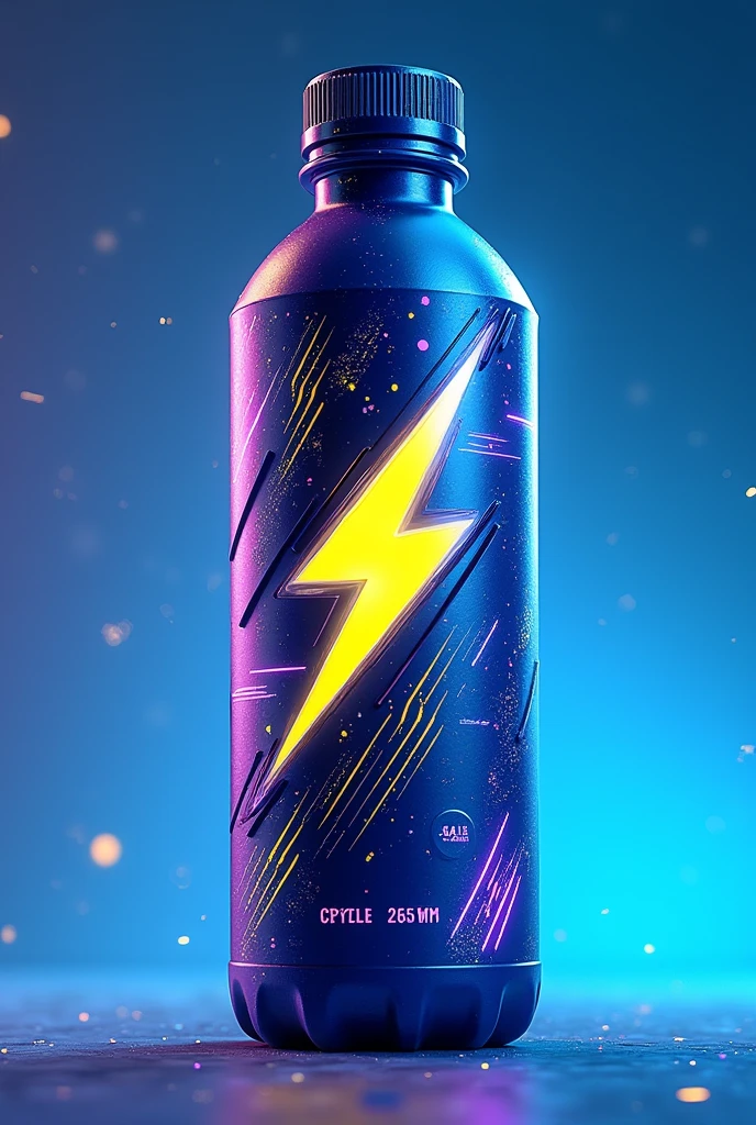 Let's imagine,An energy drink bottle designed for video game worlds like Fortnite. The bottle is elongated in shape,Angular and angular, Futuristic silhouette, Equipment reminiscent of game characters. The main color of the bottle is a vibrant electric blue, Neon decoration with yellow and purple colors. The design features a dynamic geometric pattern, Inspired by the cyberpunk aesthetic, With lightning and number symbols,Reminiscent of energy and speed. The texture of the bottle is metallic,Slightly glossy effect, Highlights the high-tech appearance. The bottle cap is spiral shaped,With deep groove,Easy to grip, Also blue,With details. at last, The drink logo is, A stylized lightning bolt, Place in the center of the bottle, radiating energy.