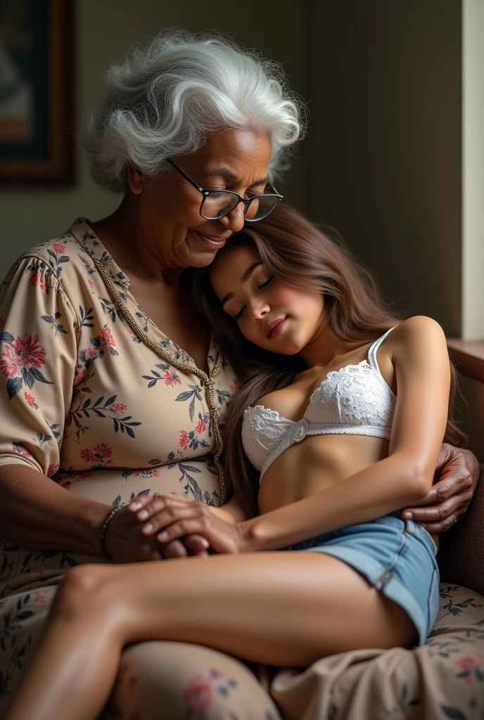 Create a realistic image of a 90 year old lady, who has black skin, that is fat, who is wearing a floral dress and wearing glasses. She is carrying a white-skinned adult woman on her lap., AT 35 YEARS OLD, Long brown hair, who has her breasts out and is wearing denim shorts, she has an eyebrow piercing