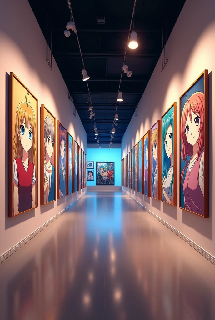 Create the interior of a comics and manga museum, with a hallway with pictures of a manga (easy and simple to draw)
