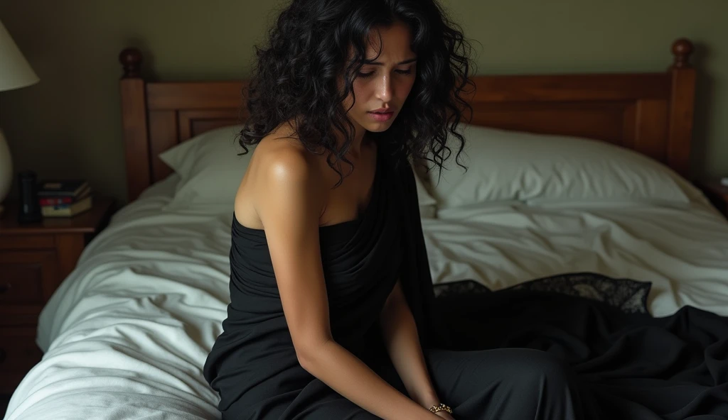 Beautiful girl, sitting on the bed, wearing black saree, curly hair, crying, big breast in blouse