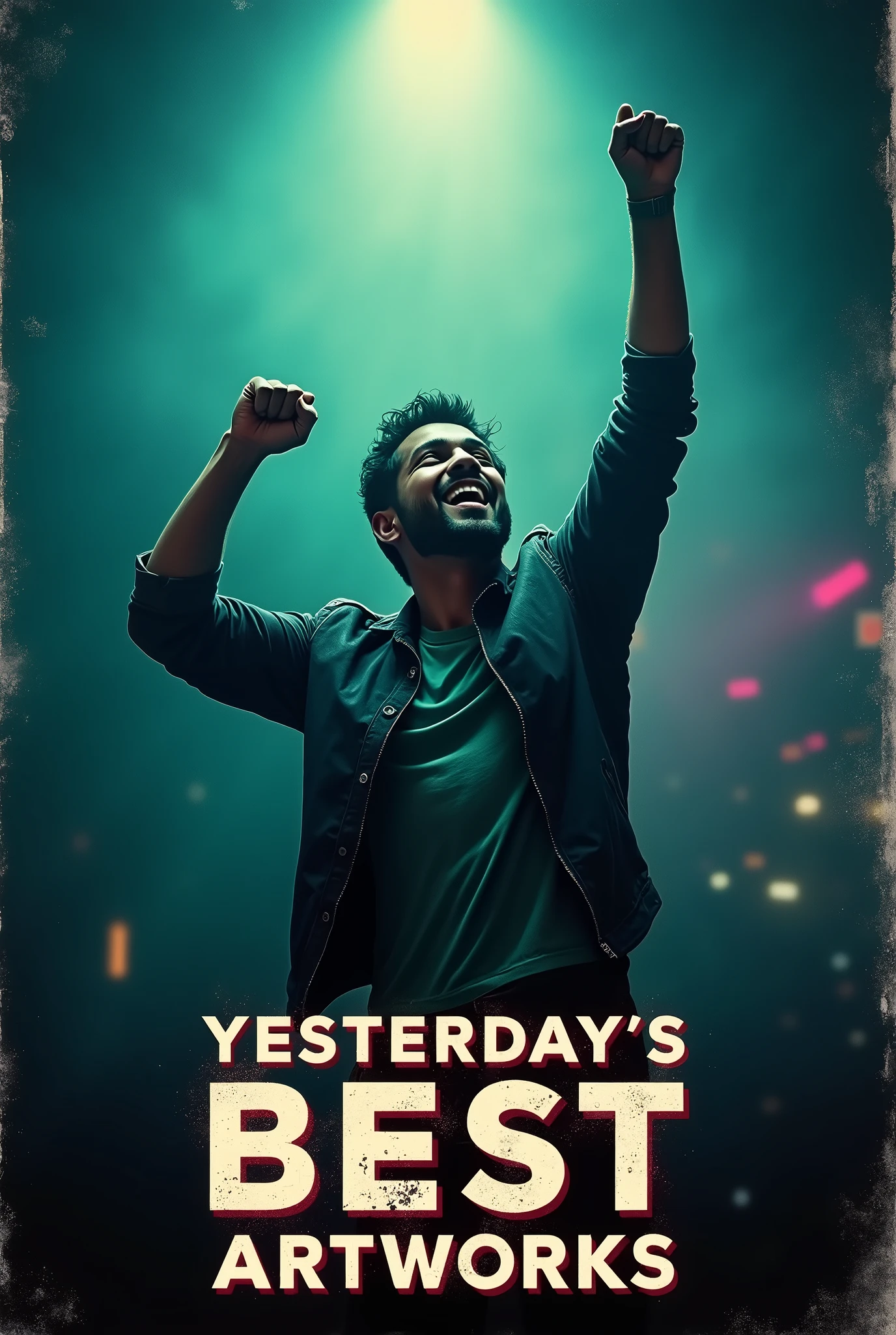 Create a cinematic poster featuring photorealistic portrait of man, (pumping fist in the air) , fist pump, with happy expression, The background should be bright , Use a color scheme of black, light blues, and light greens, with subtle white or pink accents to capture the show's mood, At the bottom of the poster, place the text "Yesterday's Best Artworks" in large, bold, distressed letters, in a sans-serif font. The text should have a cinematic style, with slight shadow or glow effects to make it stand out against the background.