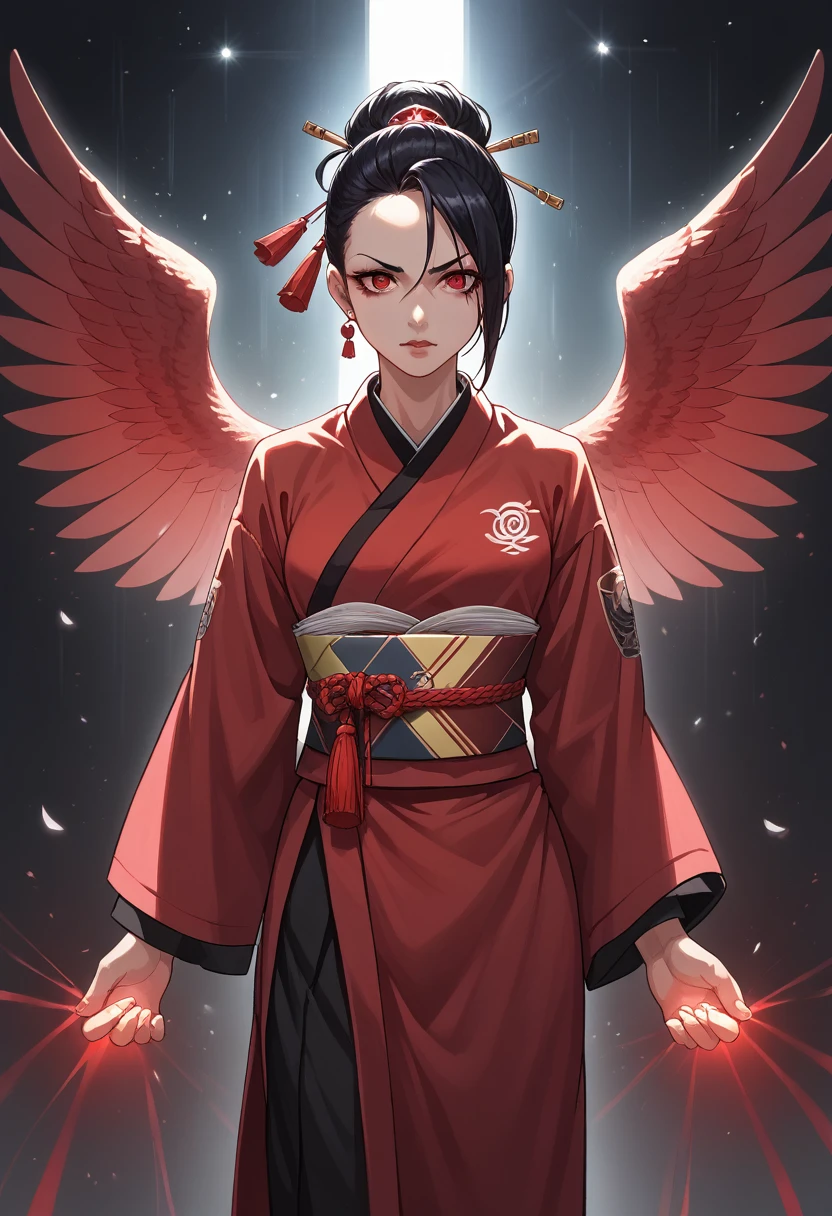 masterpiece, best quality, ultra-detailed, CG illustration, high resolution, better lighting, best shadow, extremely delicate and beautiful, appropriate shading, HD, 8k, ray tracing, hyper detailed and sharp background, perfect lights, anime style, Inspired by the game Mahokenshi: House of Ruby (Tengu, winged mountain kami, aggressive, red and white colors), strength, samuraipunk, solo, 1 woman, black hair, red eyes,  adult, obi tassel,