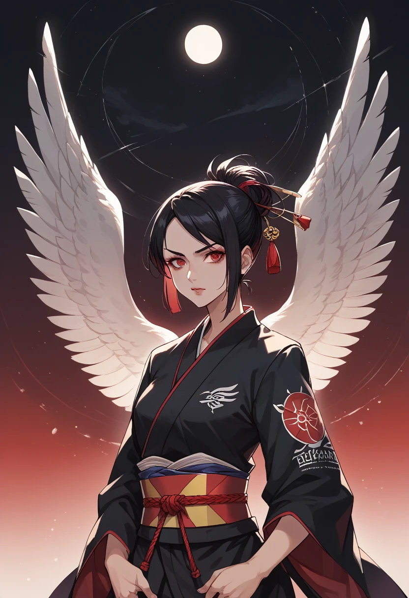 masterpiece, best quality, ultra-detailed, CG illustration, high resolution, better lighting, best shadow, extremely delicate and beautiful, appropriate shading, HD, 8k, ray tracing, hyper detailed and sharp background, perfect lights, anime style, Inspired by the game Mahokenshi: House of Ruby (Tengu, winged mountain kami, aggressive, red and white colors), strength, samuraipunk, solo, 1 woman, black hair, red eyes,  adult, obi tassel,