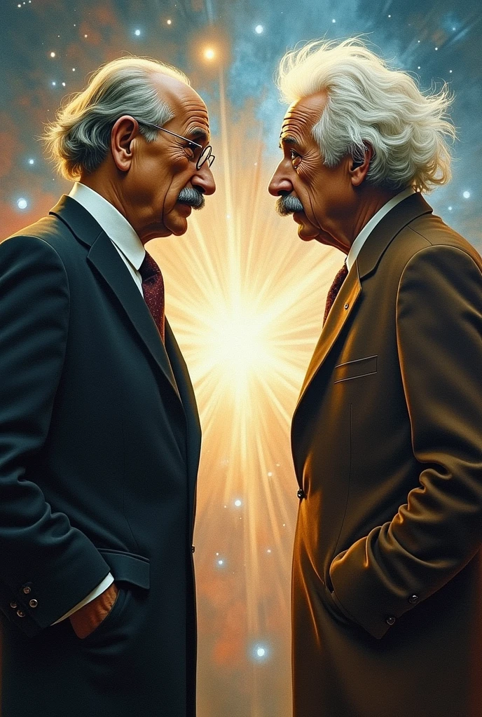 Oppenheimer and Albert Ainstain looking at each other between the past and the future