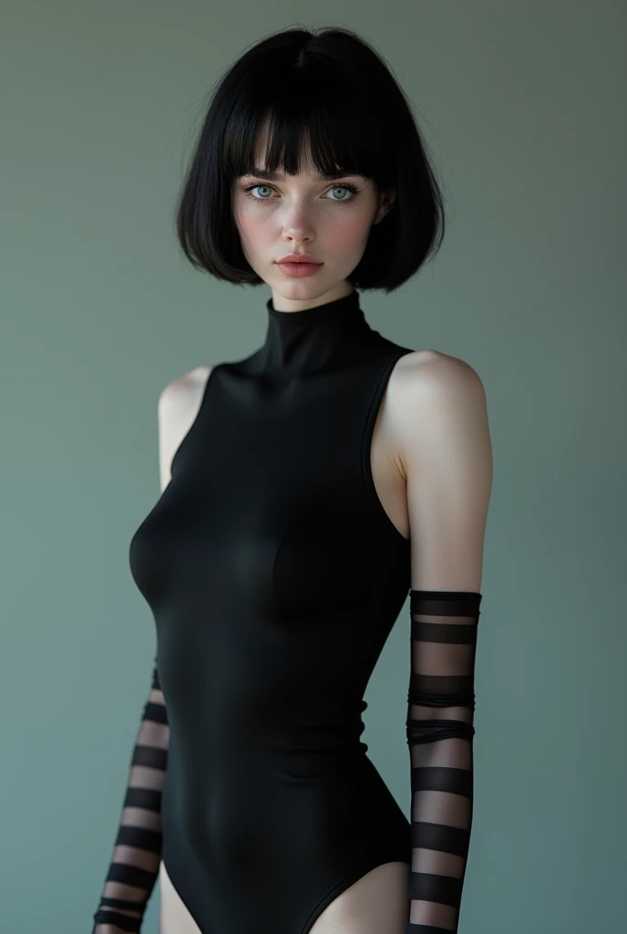 Mavis has white skin, blue eyes, short black hair. She usually wears a tight black dress, with striped stockings