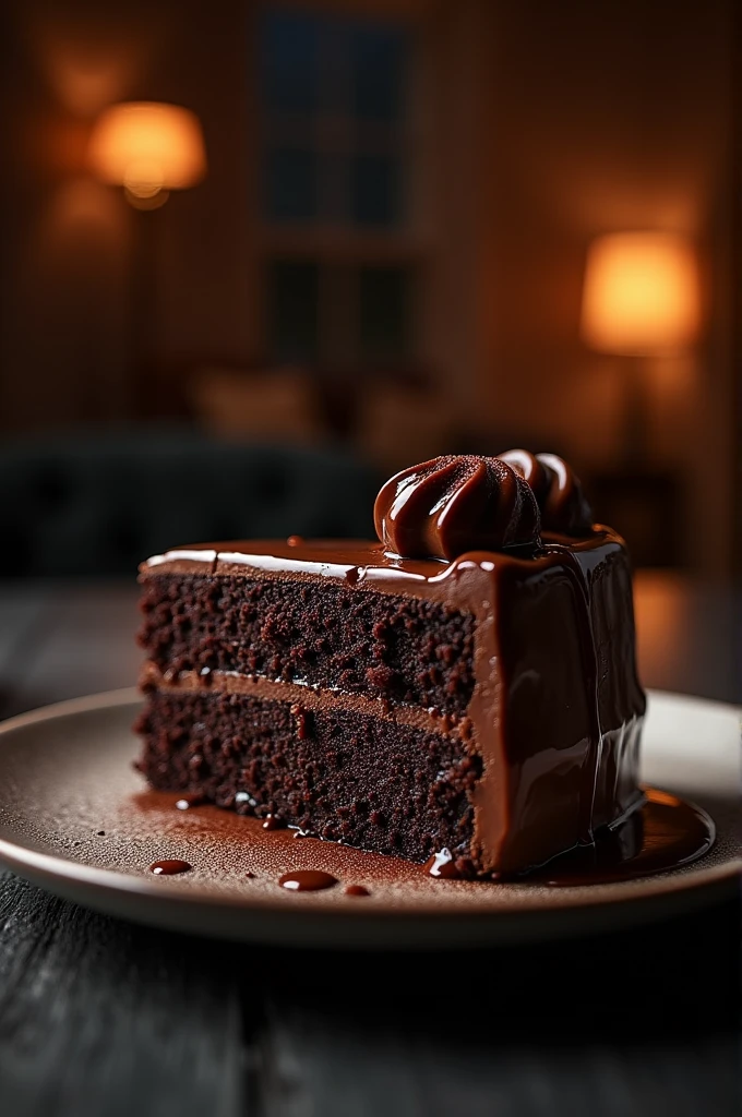 Chocolate cinematic movie scene, bolo de chocolate, darkness background, quality photo, Wet texture, penthouse, studio photo, slice. shallow depth of field, vignettes, highly detailed, high budget, bokeh, cinemascope, temperamental, epic, comely, film grain, grainy.